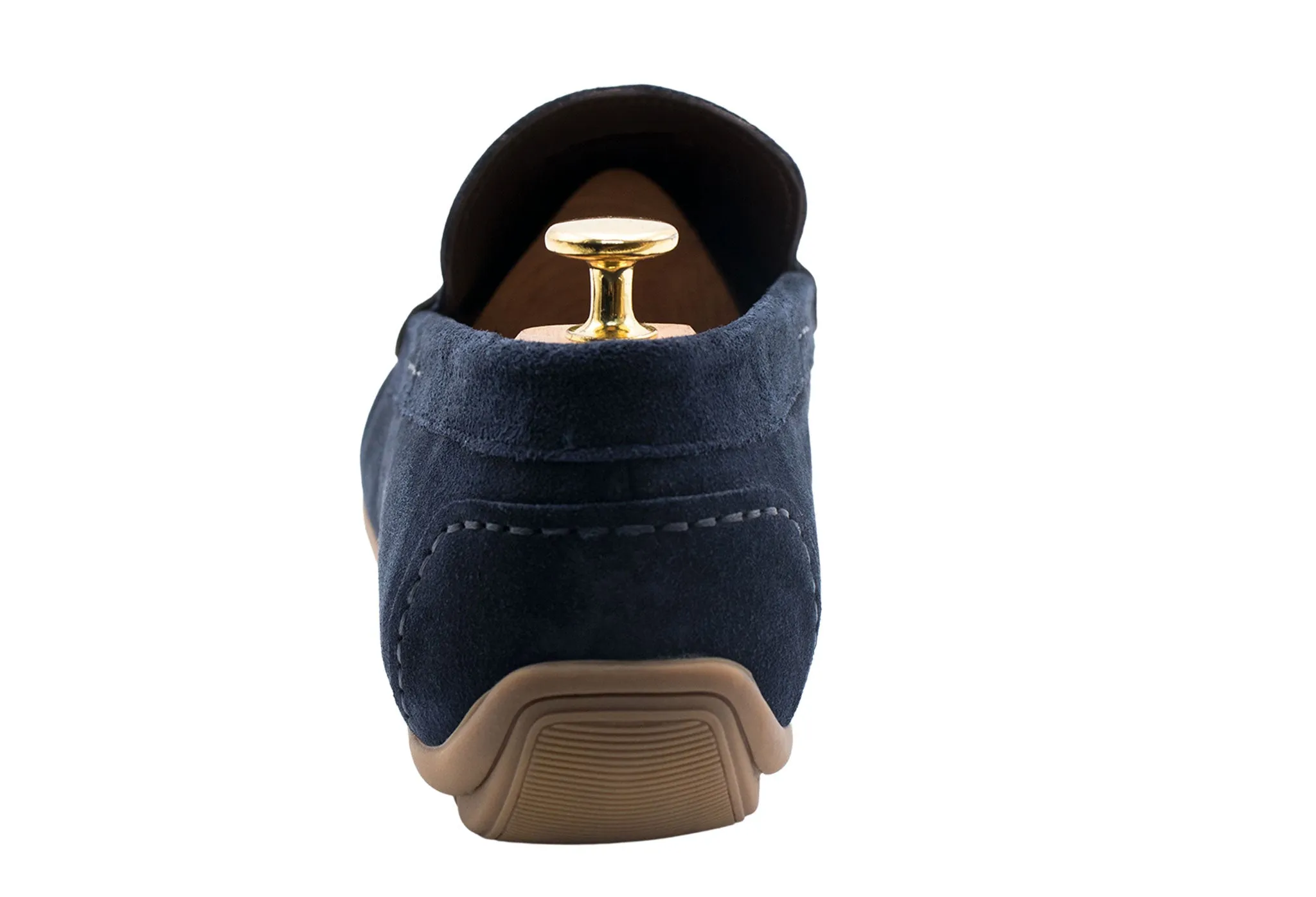 Gregores Navy Suede Penny Moccasins Leg Long Satin Glow