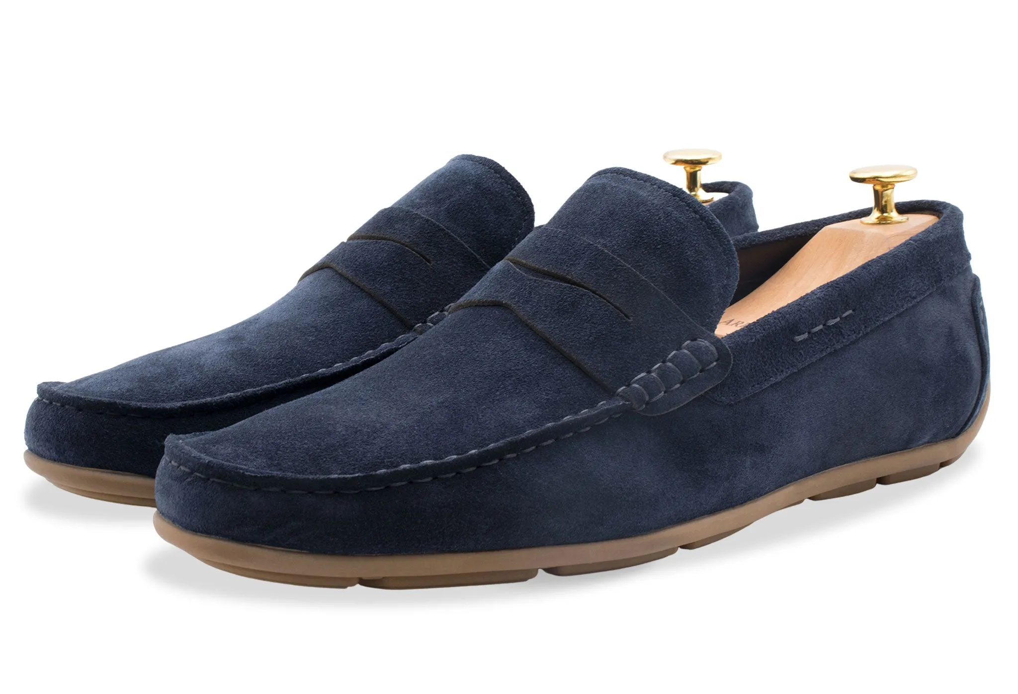 Gregores Navy Suede Penny Moccasins Bright Neon