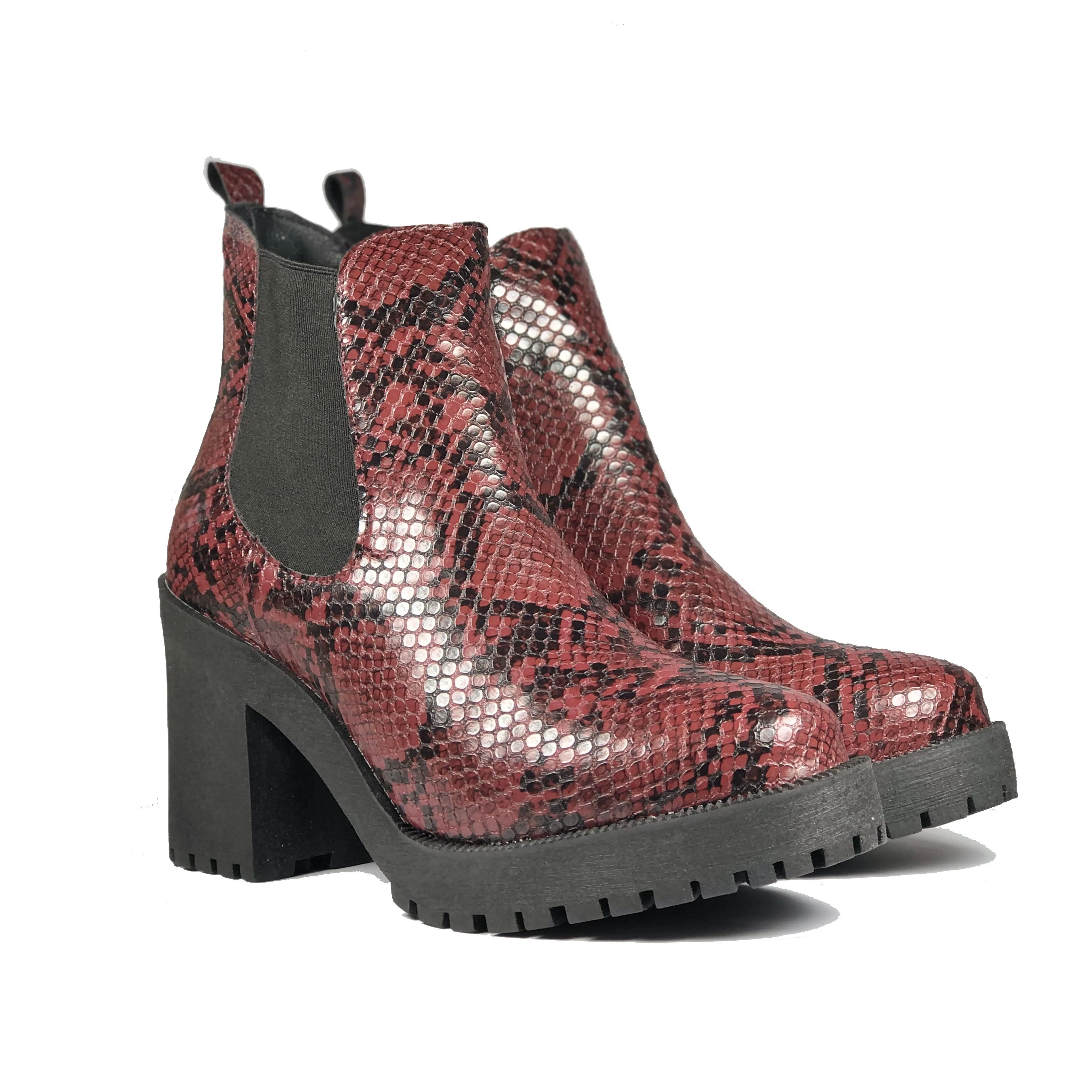 Day To Night Buckle Shine 'Evie' Boots by Zette Shoes - Burgundy Snakeskin