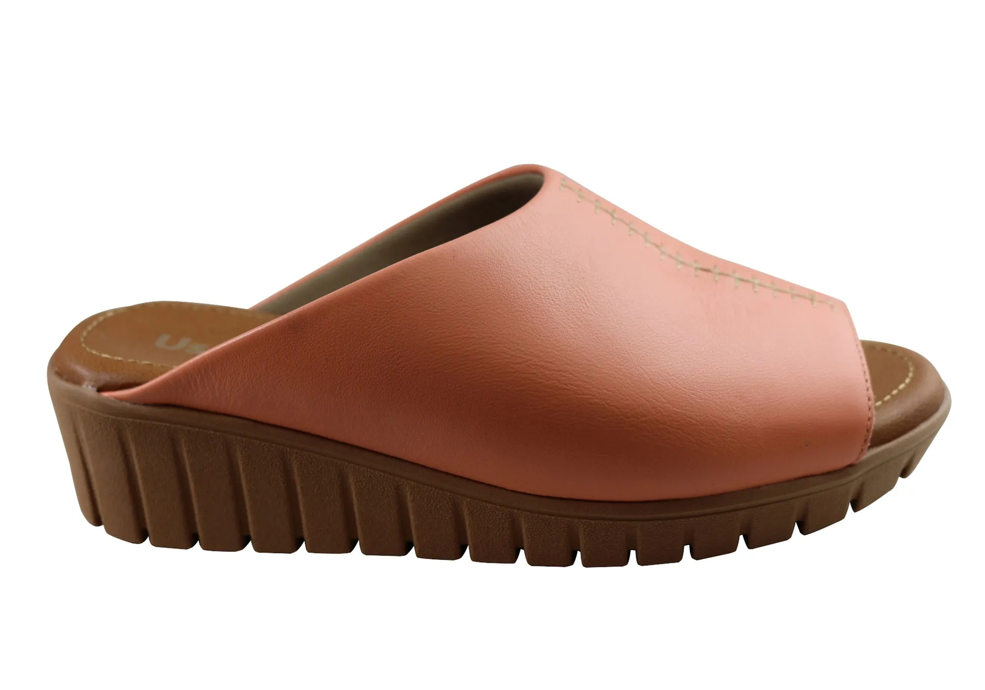Usaflex Adene Womens Comfort Leather Slides Sandals Made In Brazil Flat Heel