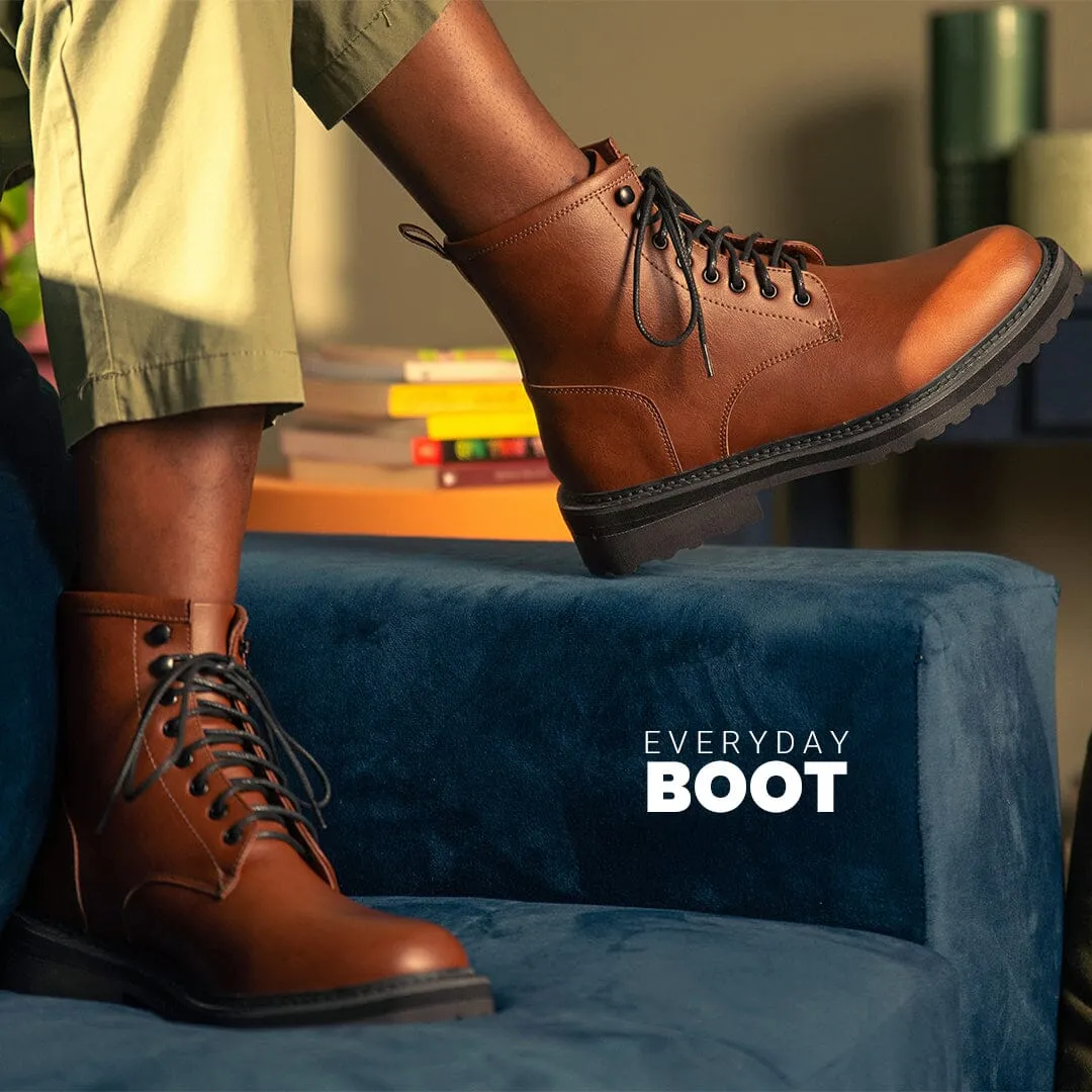 'Everyday Work Boot' unisex vegan lace-up boot with chunky sole by Ahimsa - cognac Cushioned Step Functional Minimalist