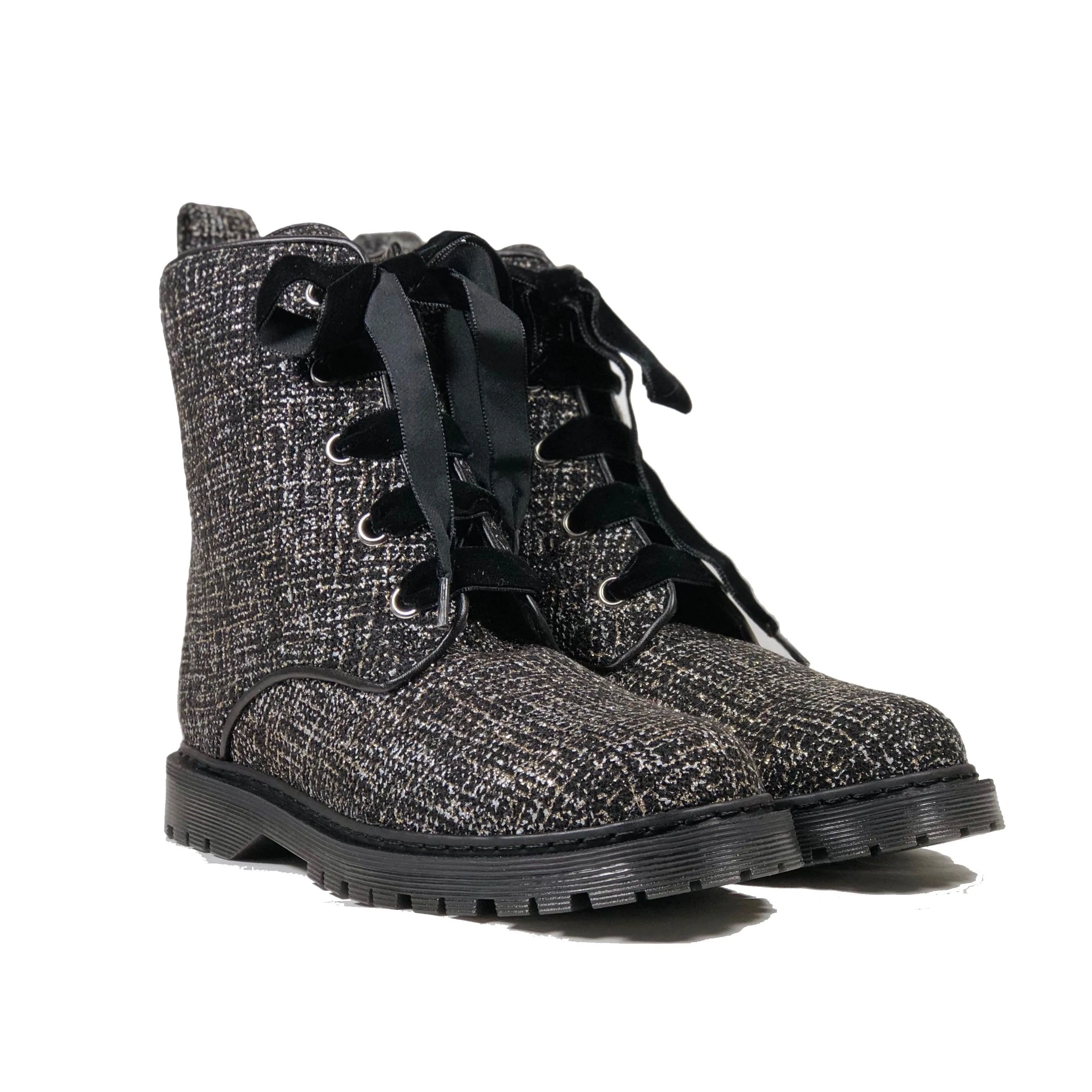 Reinforced toe High Traction Mountain Climber 'Billie' vegan combat boots by Zette Shoes - Silver/Black textile