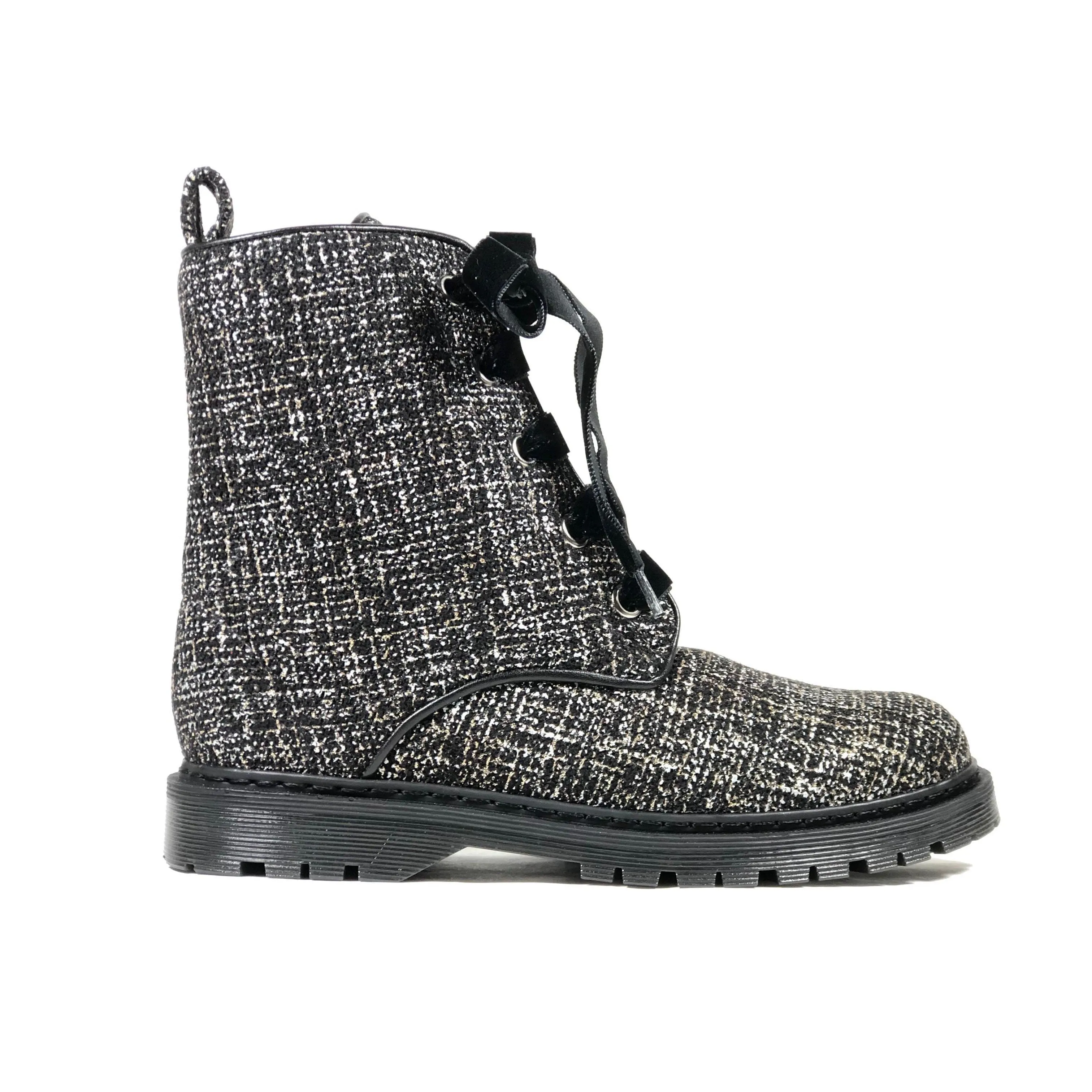 'Billie' vegan combat boots by Zette Shoes - Silver/Black textile No Pressure
