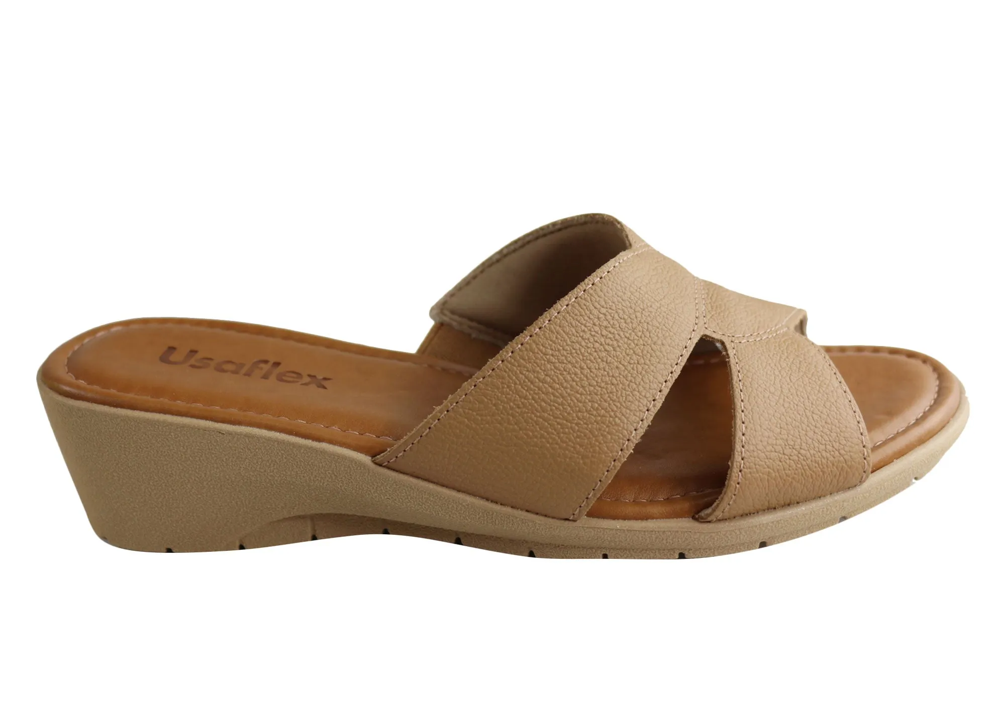 Usaflex Licia Womens Brazilian Comfy Cushioned Leather Slides Sandals Seaside Stroll