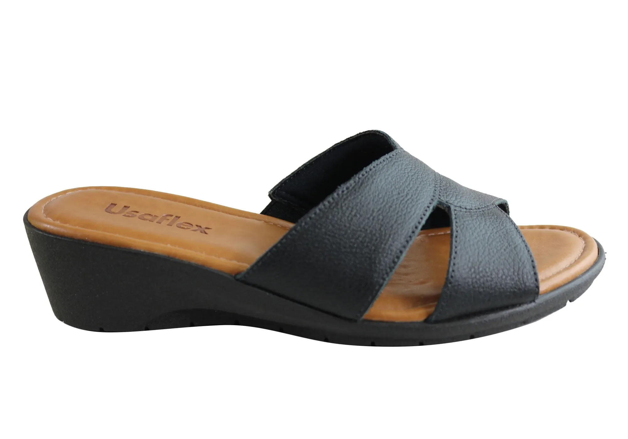 Usaflex Licia Womens Brazilian Comfy Cushioned Leather Slides Sandals Heel Strap