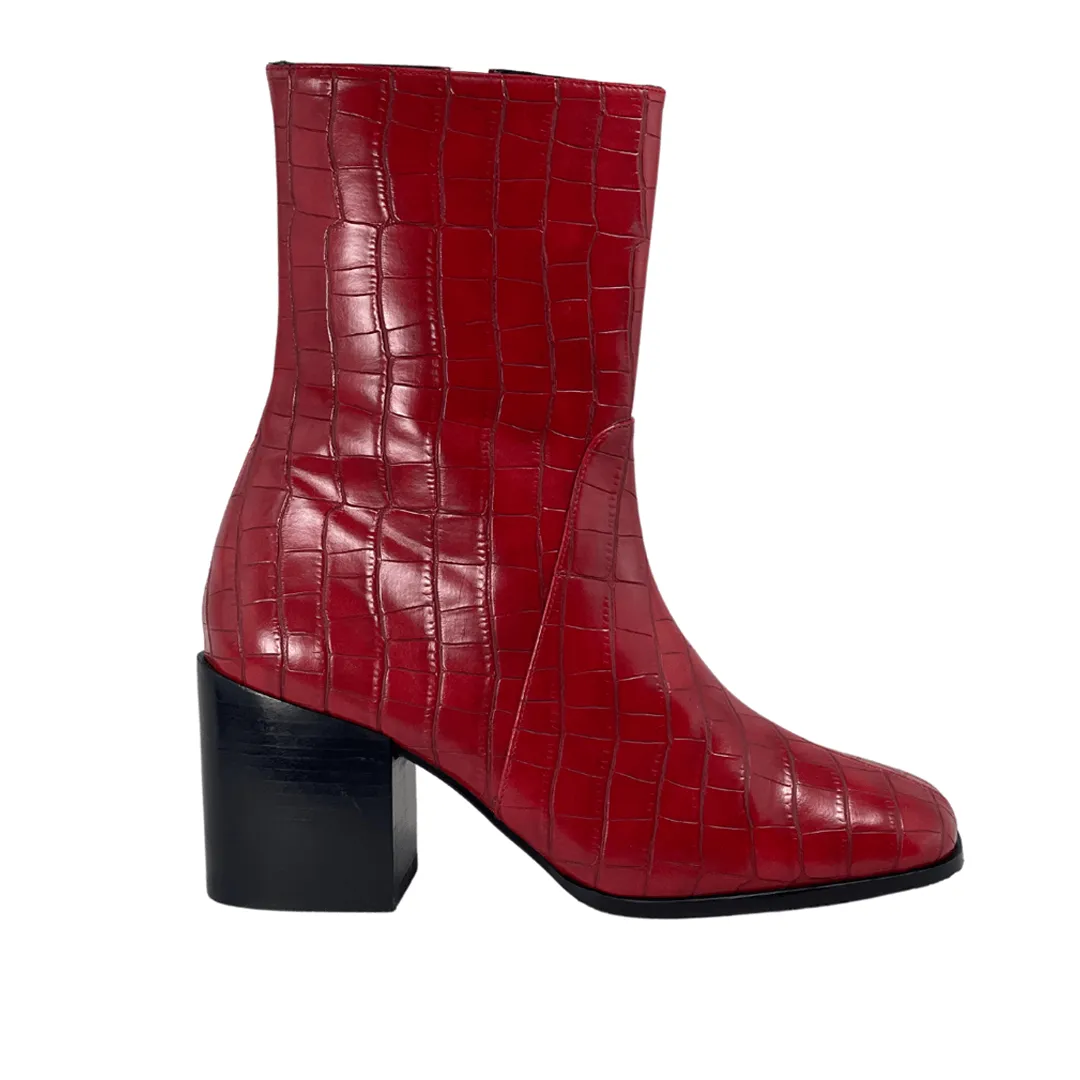 Graduation Ceremony Wide Cut 'Menos' vegan mid-calf boot by Zette Shoes - red croc