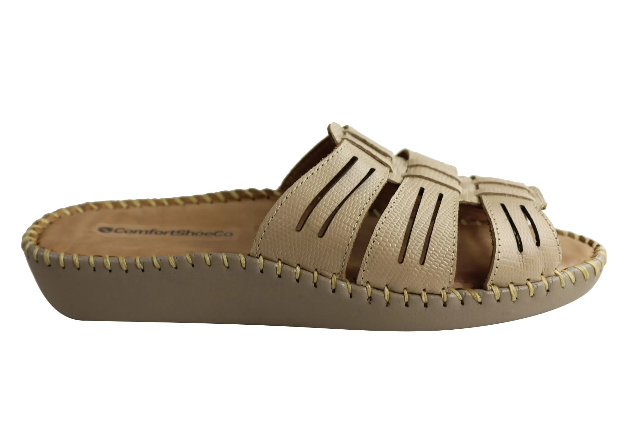 Comfortshoeco Renee Womens Leather Brazilian Comfort Slides Sandals Relax Fit Toe Free