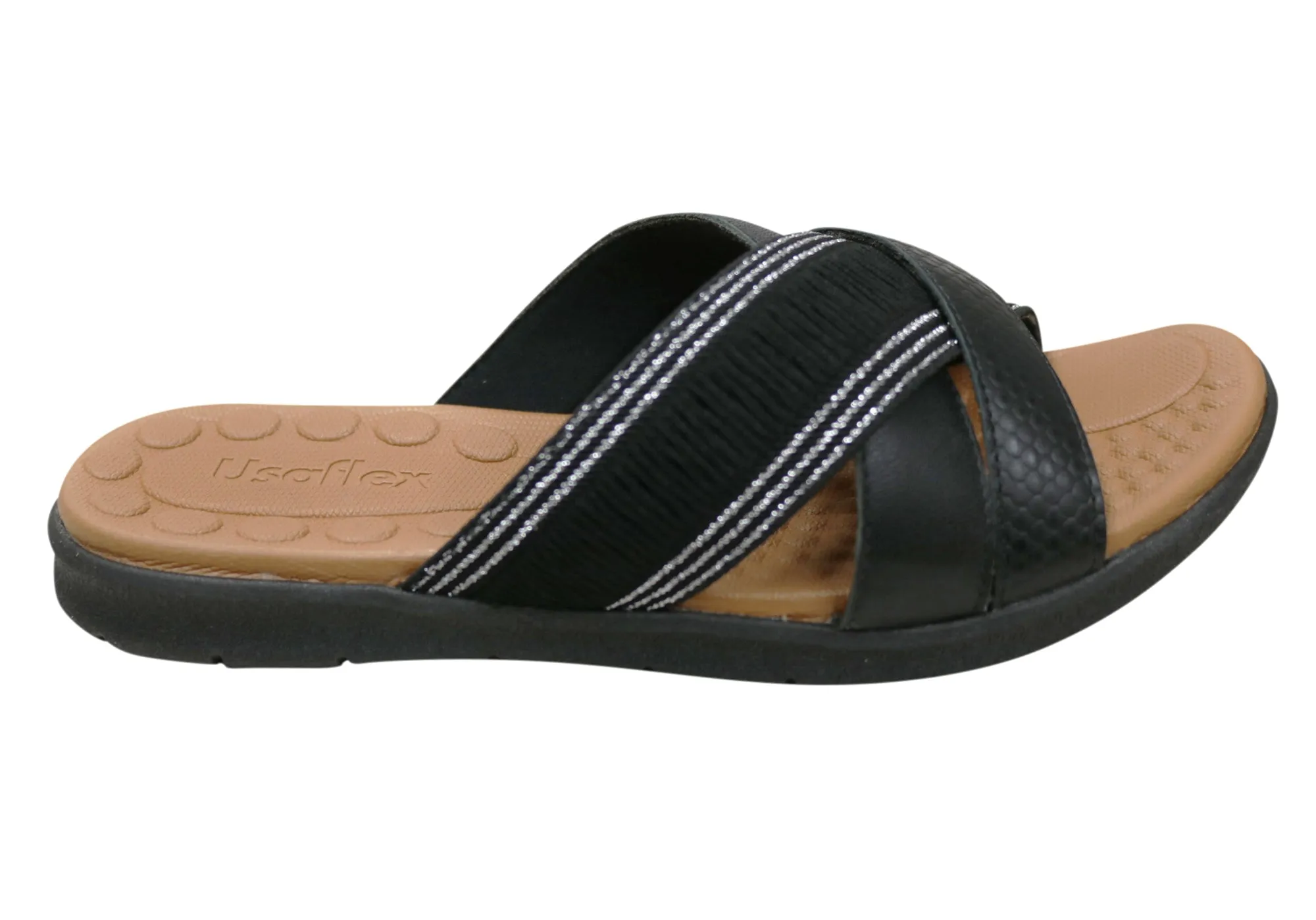 Usaflex Crescent Womens Comfort Leather Slides Sandals Made In Brazil Foot Support Shoes Bare Support