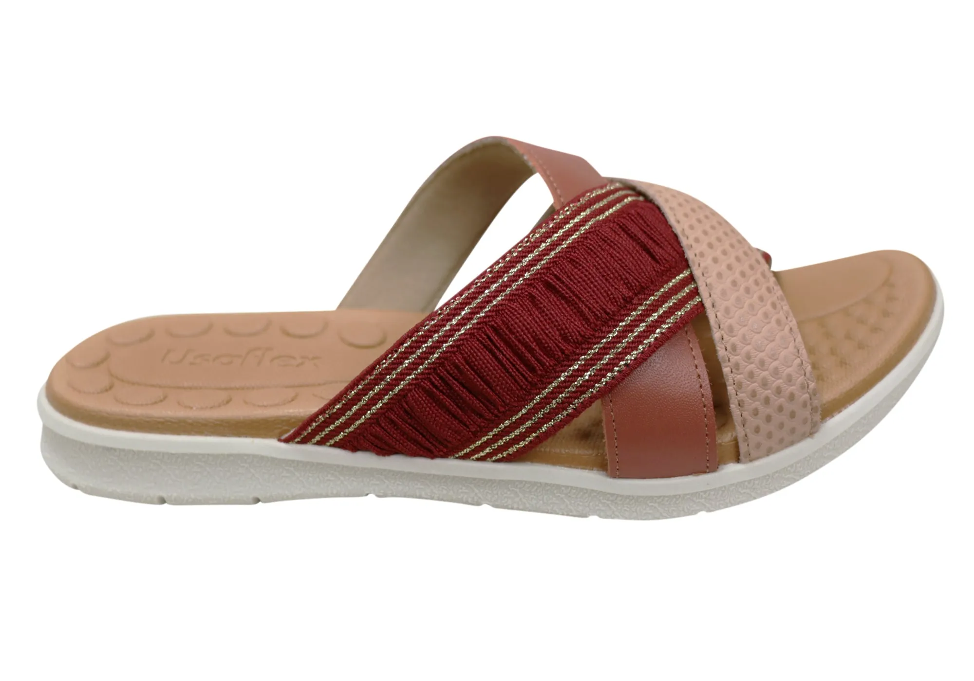 Usaflex Crescent Womens Comfort Leather Slides Sandals Made In Brazil Outdoor Ready