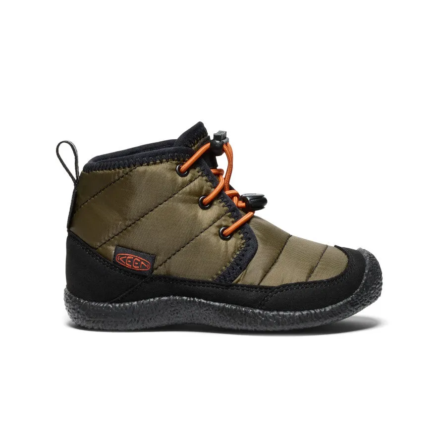 Chunk Heel No Laces Little Kids' Howser II Waterproof Chukka  |  Dark Olive/Gold Flame