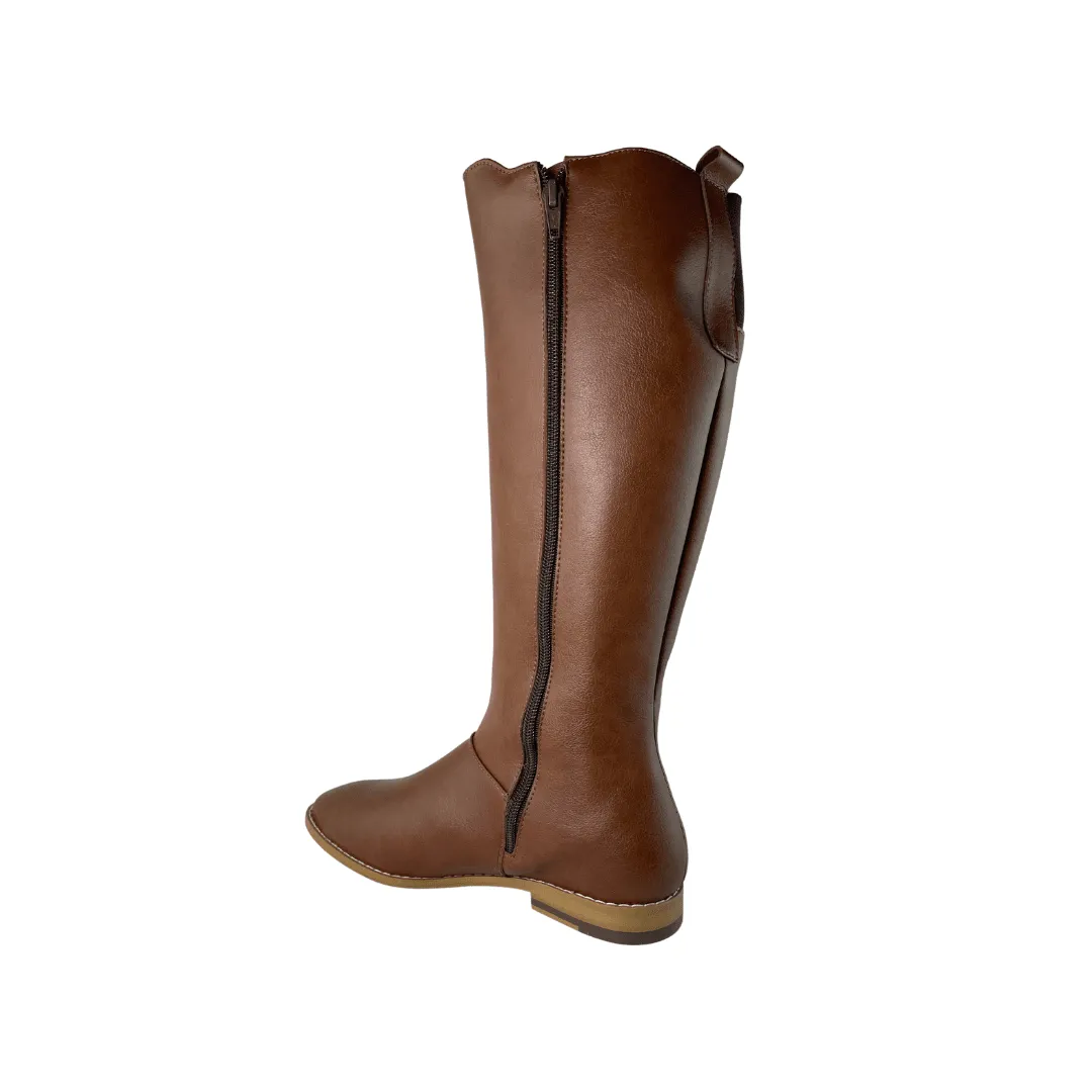 Low Profile Rainy Day Commuter Premium Leather 'Holly' vegan leather knee-high riding boot by Zette Shoes - cognac