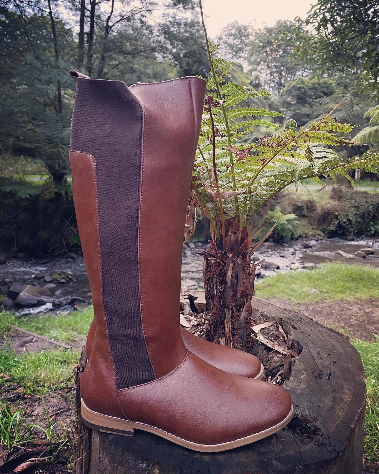 Sleek Outline 'Holly' vegan leather knee-high riding boot by Zette Shoes - cognac
