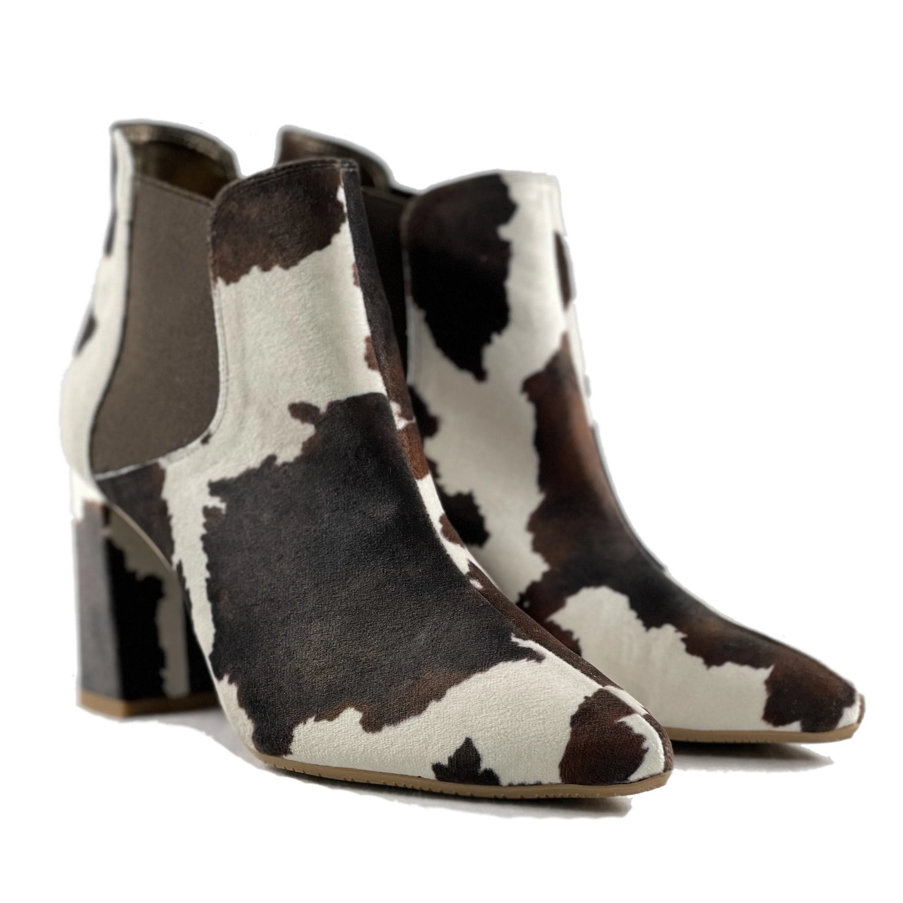 'Rachel' vegan Chelsea bootie by Zette Shoes - velvet cow print Ski Enthusiast Eco Material Cold Weather Commuter