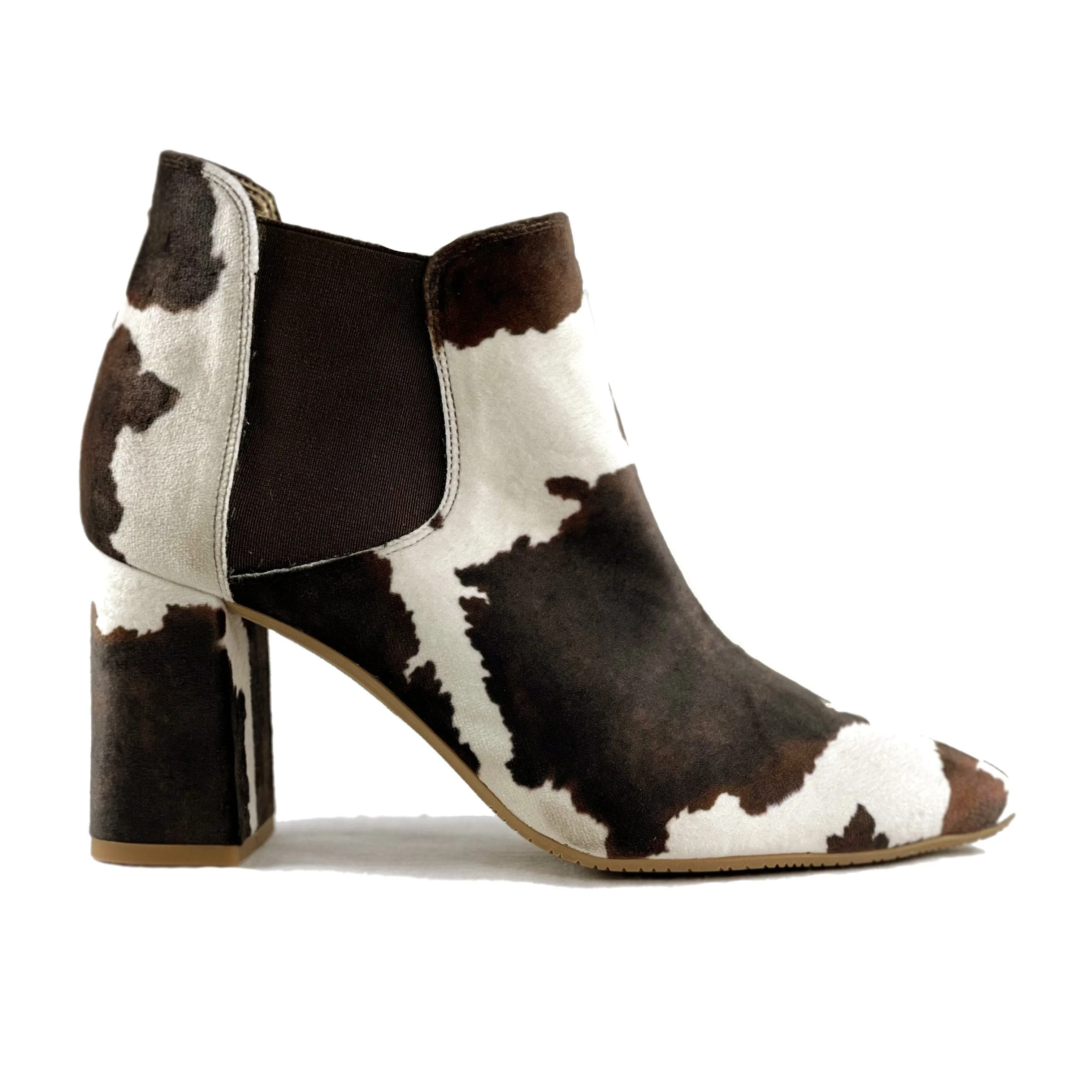 Breathable Rural Traveler 'Rachel' vegan Chelsea bootie by Zette Shoes - velvet cow print