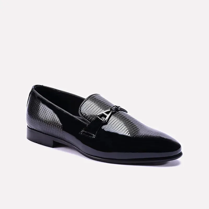 Fashionable Elastic Material Crown Black Glossy Dress Loafers 0111306