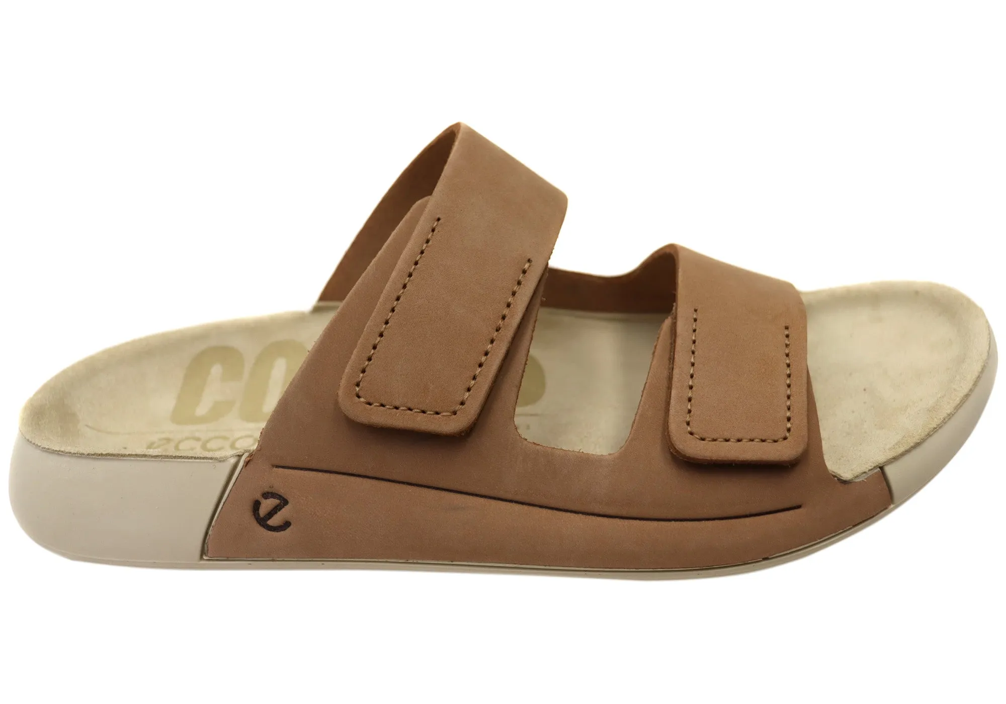 Retro Vibe Chic Open-toe Shoes ECCO 2nd Cozmo Womens Comfortable Leather 2 Strap Slide Sandals