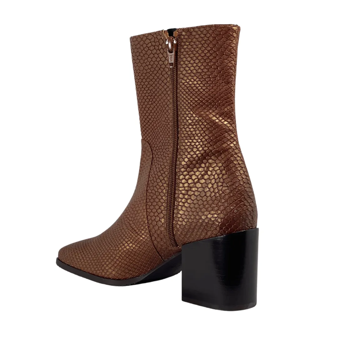 Premium Cushion compression 'Menos' faux-snakeskin vegan mid-calf boot by Zette Shoes - cognac