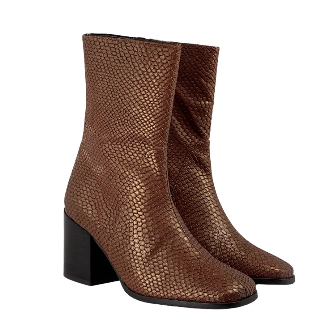 'Menos' faux-snakeskin vegan mid-calf boot by Zette Shoes - cognac Flexible Comfort