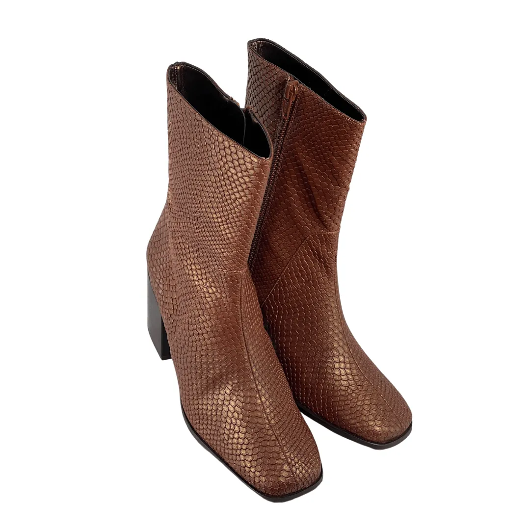 'Menos' faux-snakeskin vegan mid-calf boot by Zette Shoes - cognac Protective Finish Morning Walk Eco Material Rural Traveler