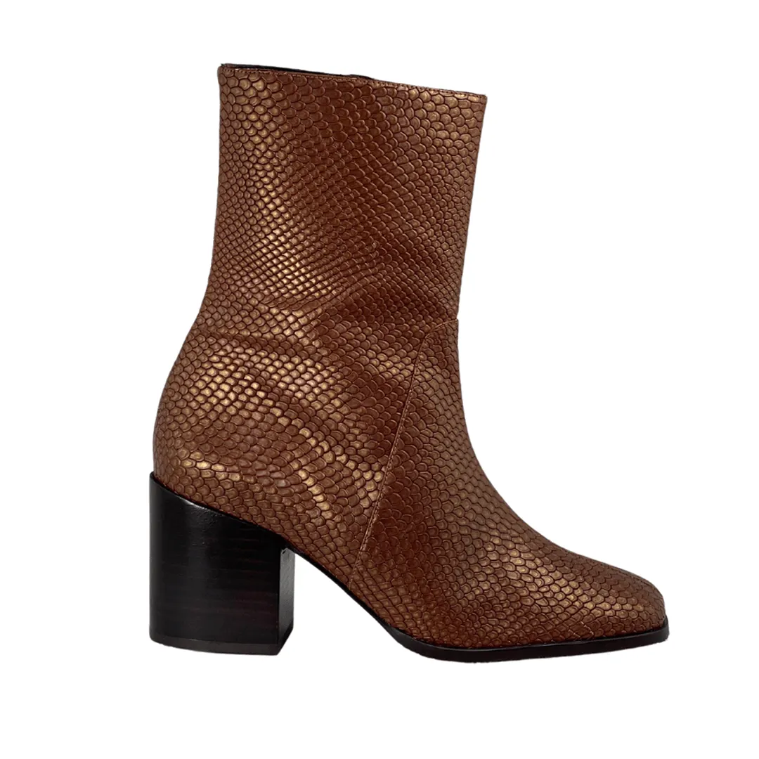Quick Drying City Walking 'Menos' faux-snakeskin vegan mid-calf boot by Zette Shoes - cognac