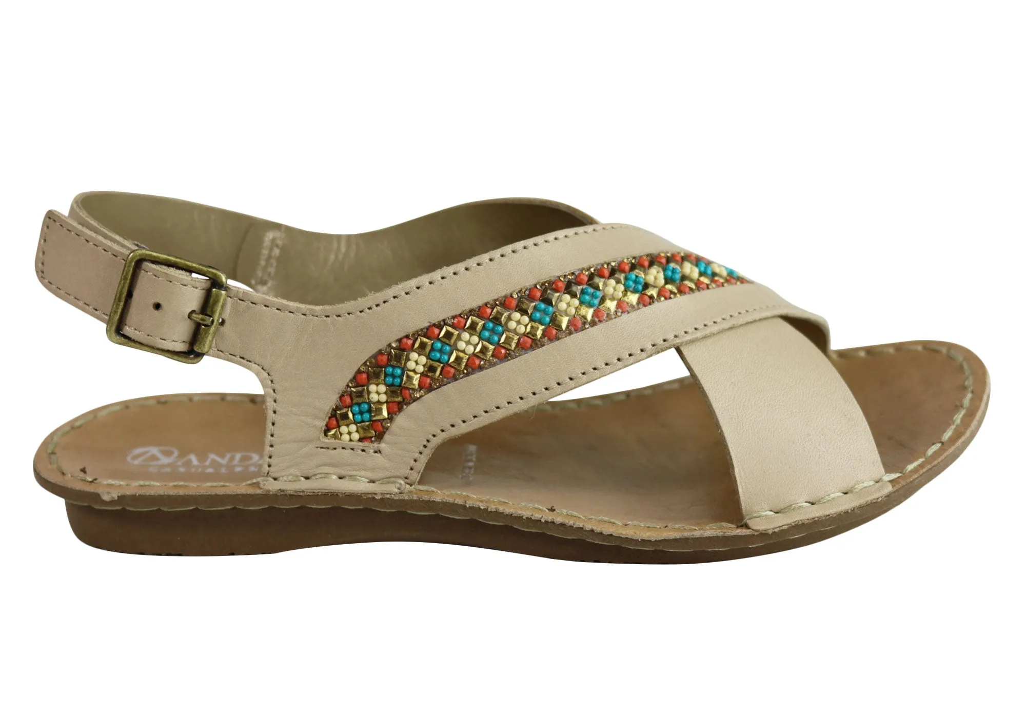 Andacco Veronique Womens Comfort Flat Leather Sandals Made In Brazil Playful Step