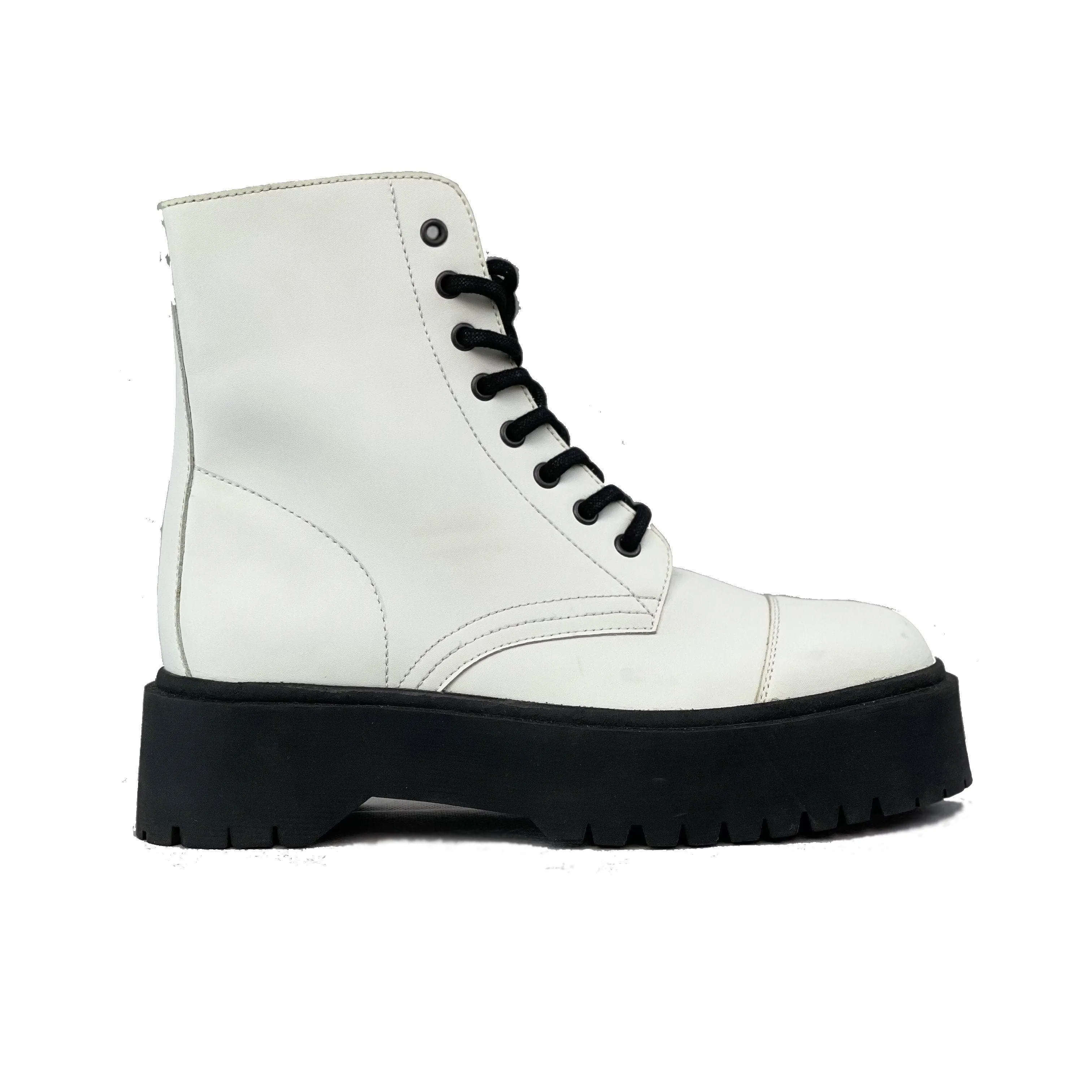 Protective Finish All Day Worker 'Leela' vegan-leather boot with stacked sole for women by Zette Shoes - white
