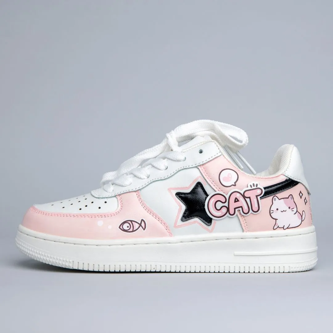 Hand Painted Loving Cat Strawberry Milk Pink Sneakers - Unisex Active Ergonomic City Adventure