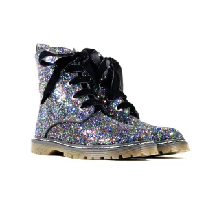 'Billie' Black/Multicolour Glitter vegan combat boots by Zette Shoes Tough Terrain