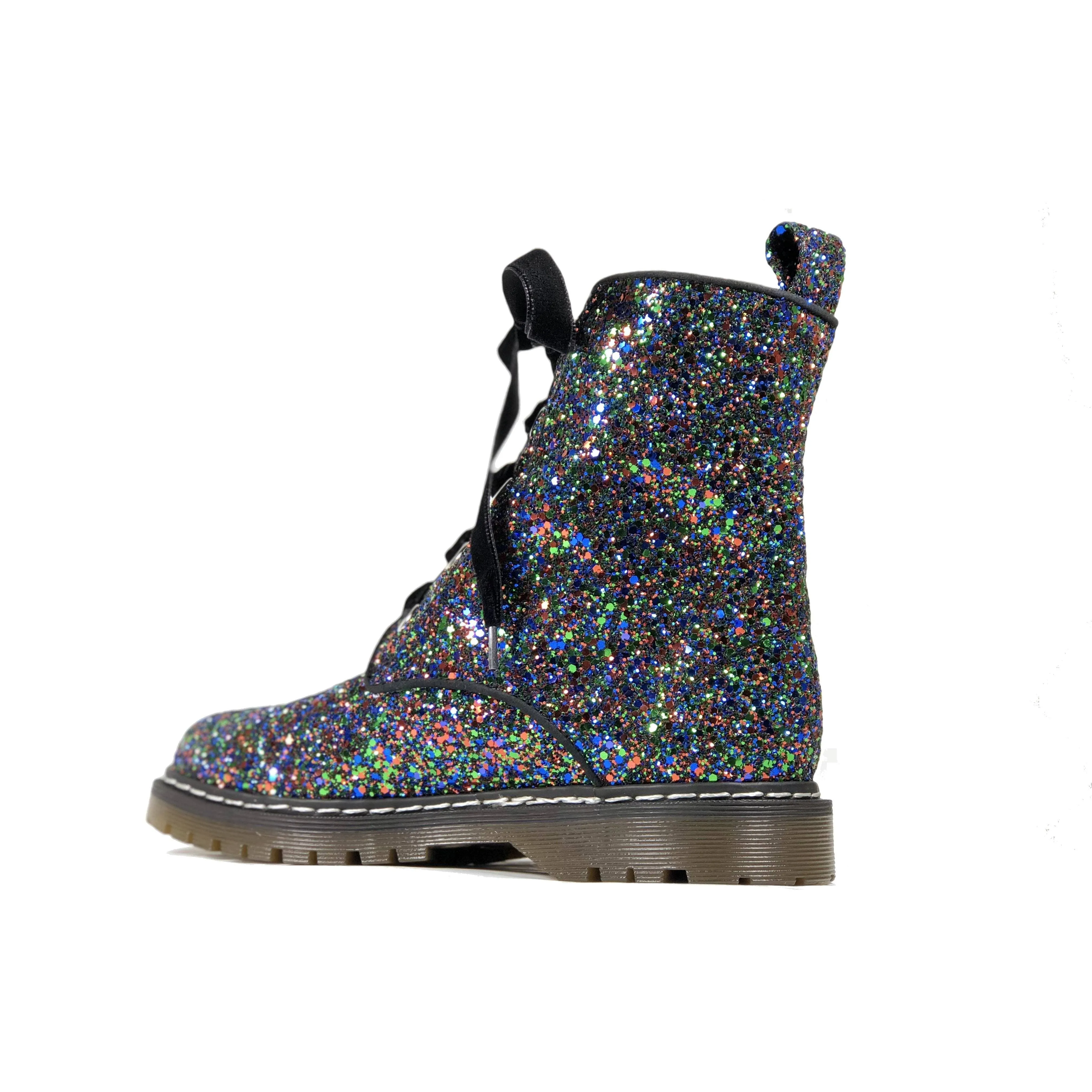 Perfect Fit 'Billie' Black/Multicolour Glitter vegan combat boots by Zette Shoes