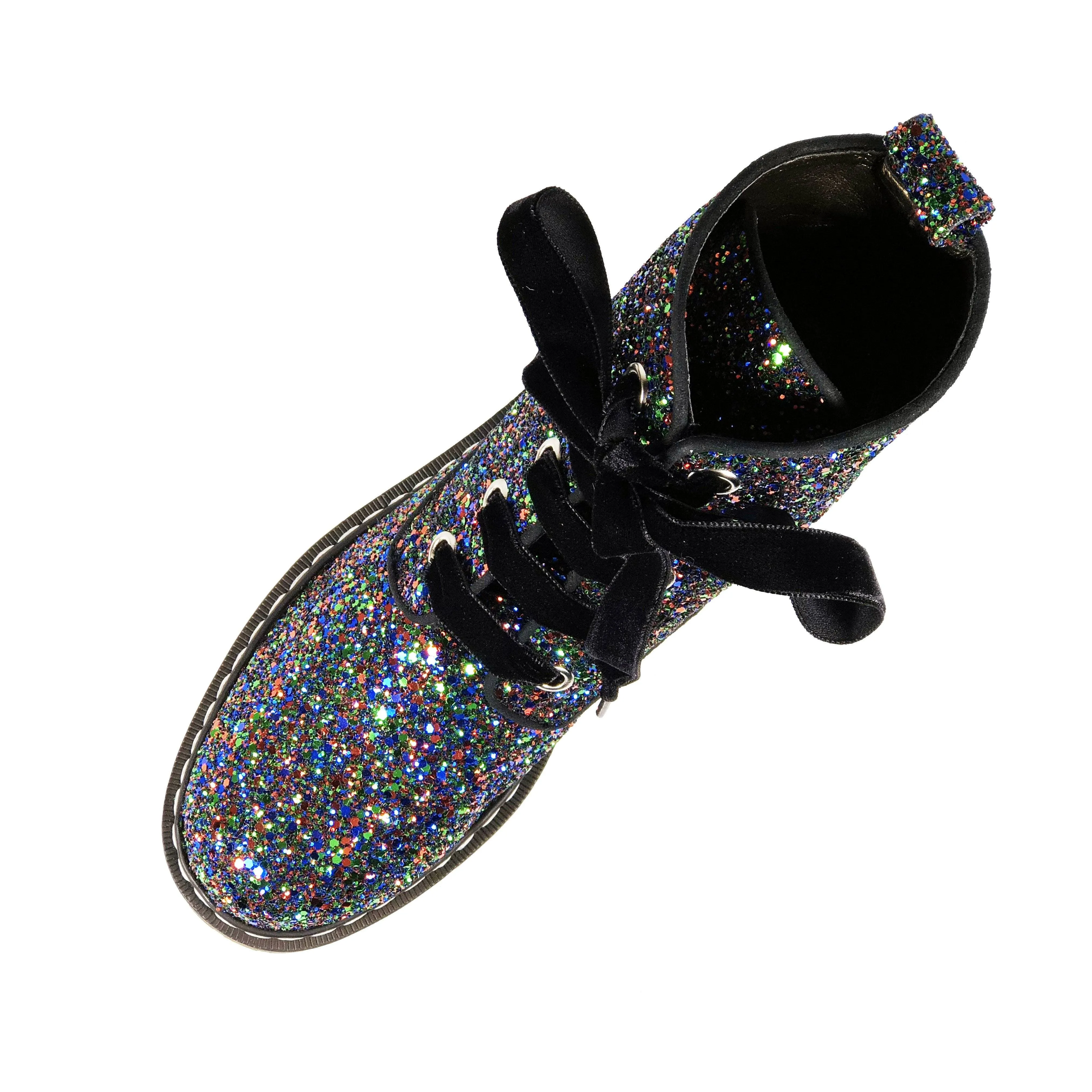 'Billie' Black/Multicolour Glitter vegan combat boots by Zette Shoes Weekend Adventure Fashion Choice