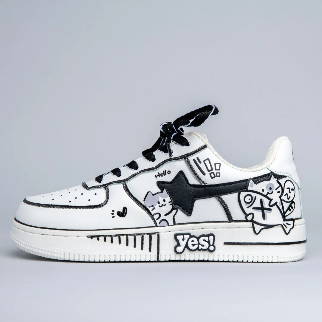 Block Walk Party Mood Hand Painted Kawaii Cat Casual White Shoes - Unisex