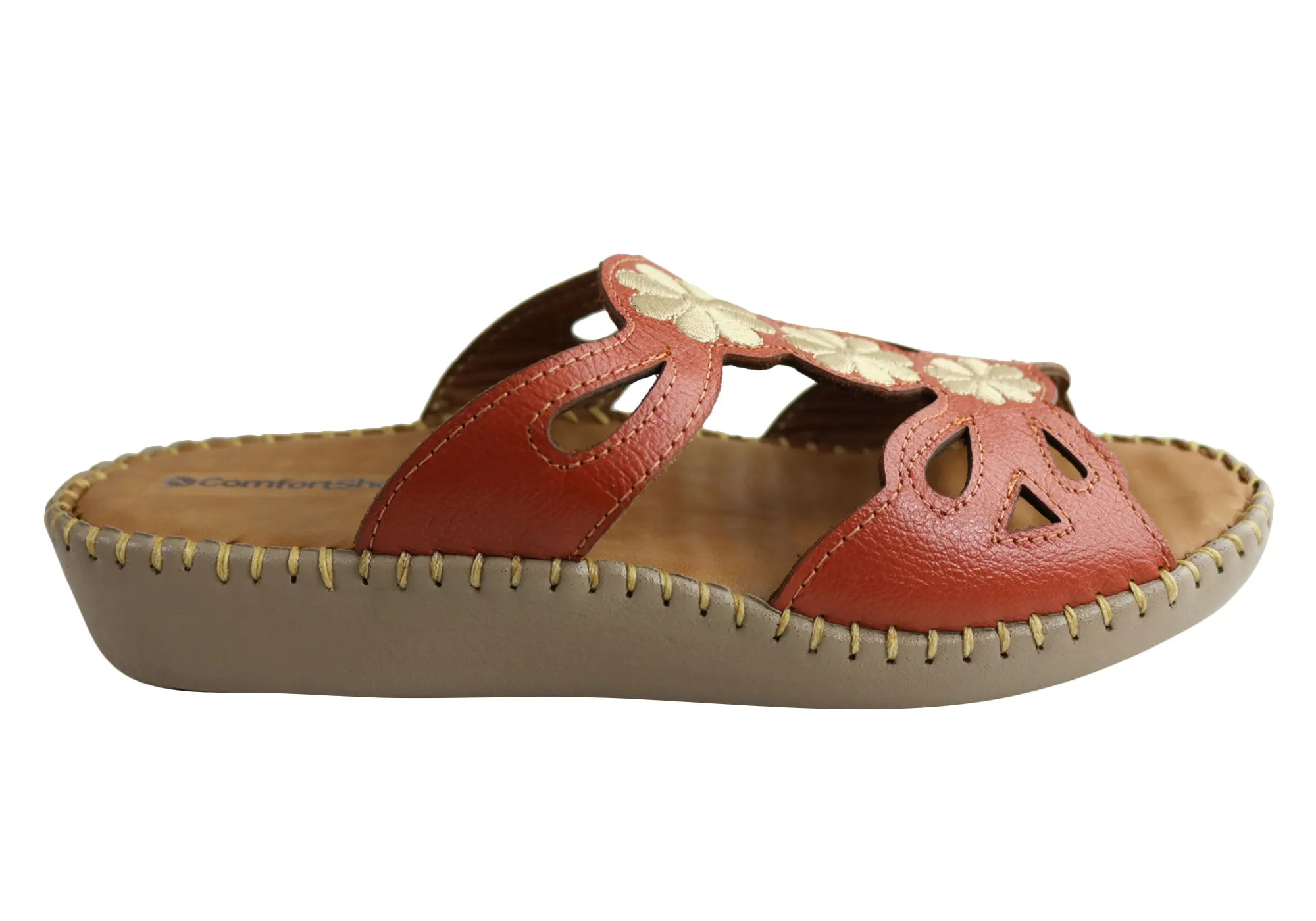 Comfortshoeco Orchid Womens Cushioned Comfort Leather Slides Sandals Comfortable Vacation Sandals