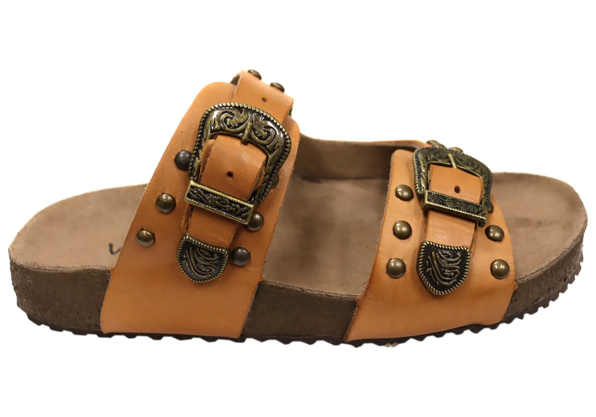 Via Paula Renee Womens Leather Comfort Slides Sandals Made in Brazil Casual Outdoor Shoes Stylish Summer Shoes