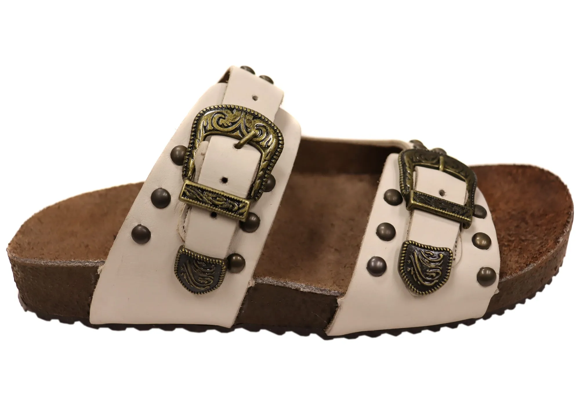 Via Paula Renee Womens Leather Comfort Slides Sandals Made in Brazil Outdoor Essential