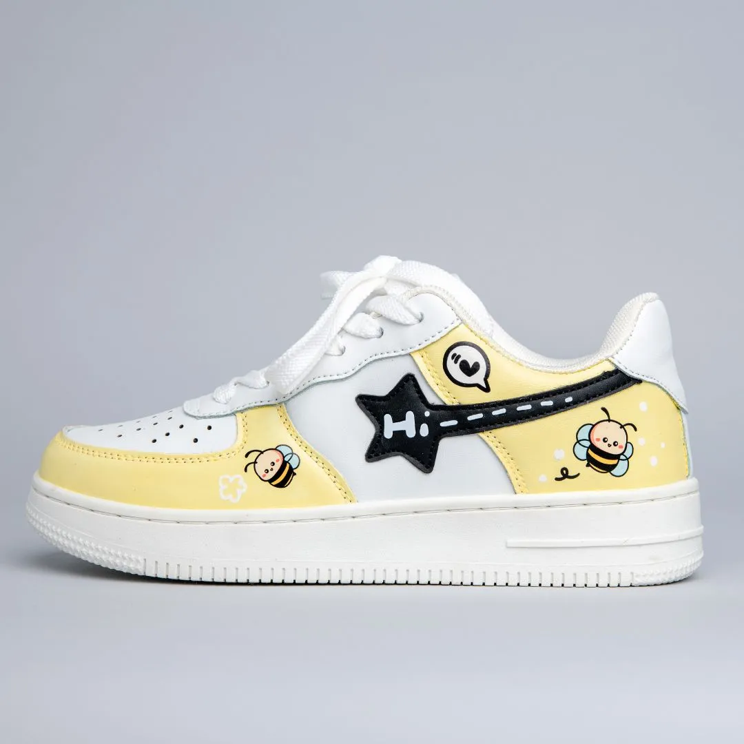 Hand Painted Buzzley the Bumblebee Butter Yellow Sneakers - Unisex Clean White