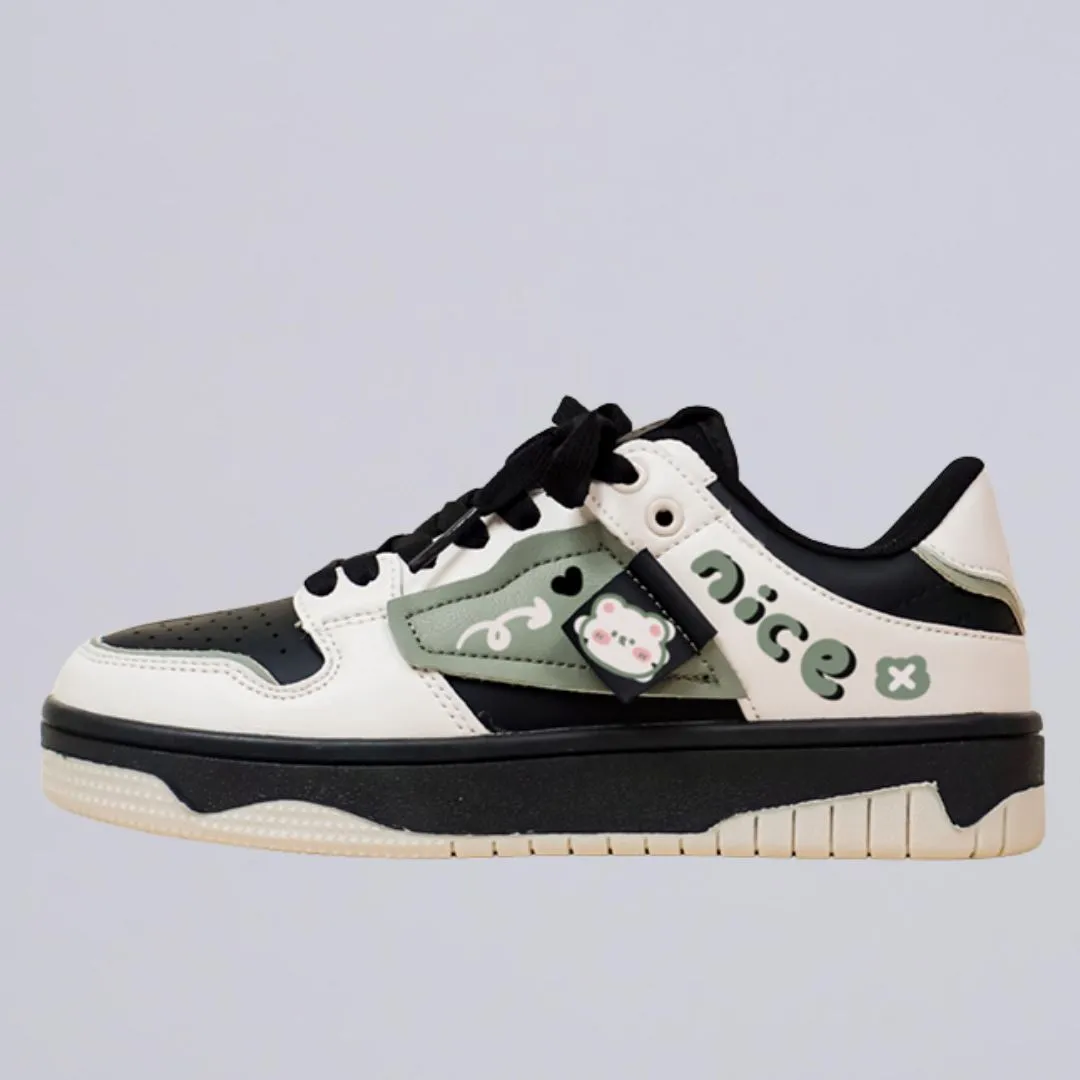 Kawaii Nice Bear Chunky Casual Sneakers - Unisex Green Core Durable Build