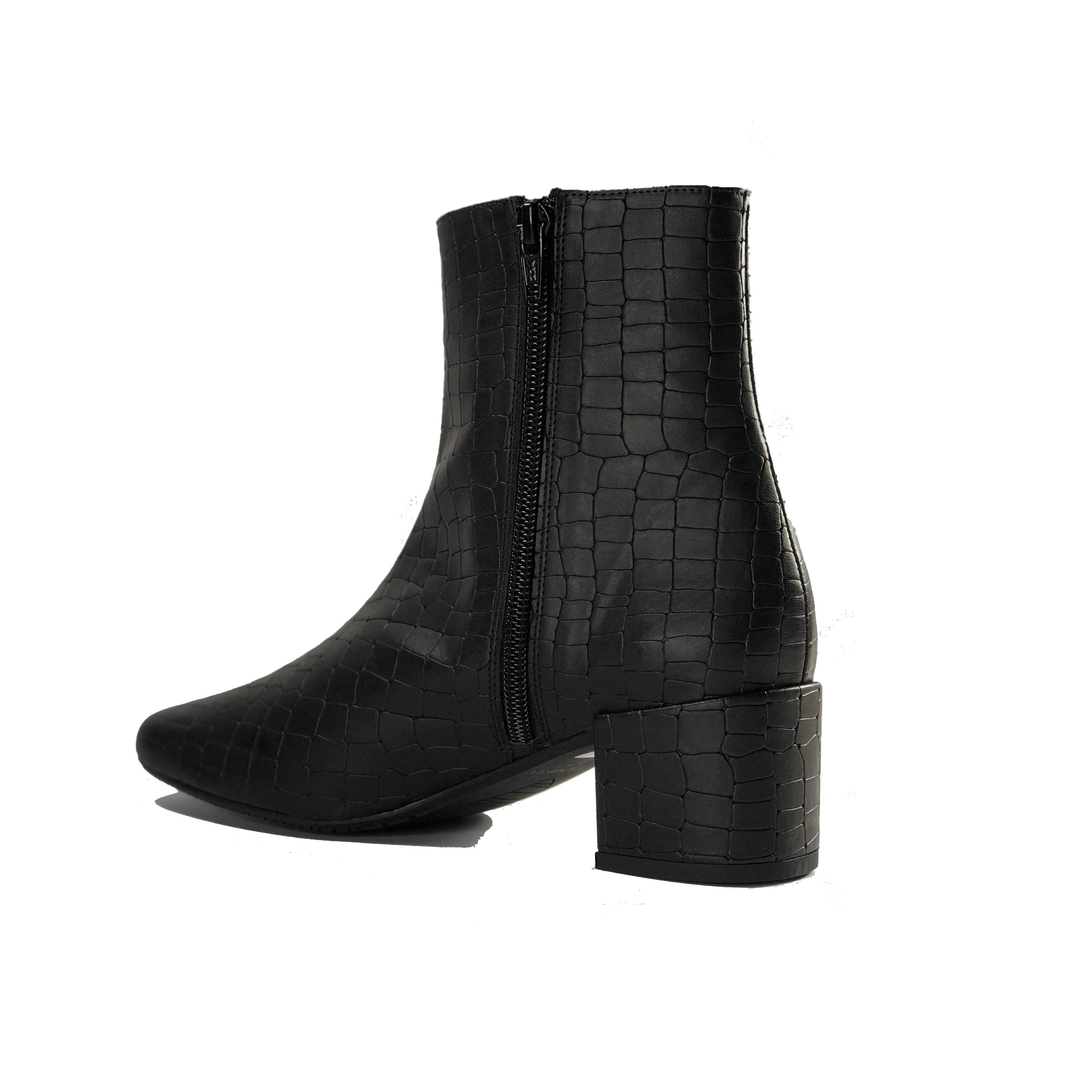 'Jacqui' vegan-leather ankle boot by Zette Shoes - black croc Cool Seasons