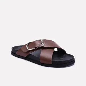 Brown Criss Cross Casual Slides 0151111 Quick Step-On Stretchable Material