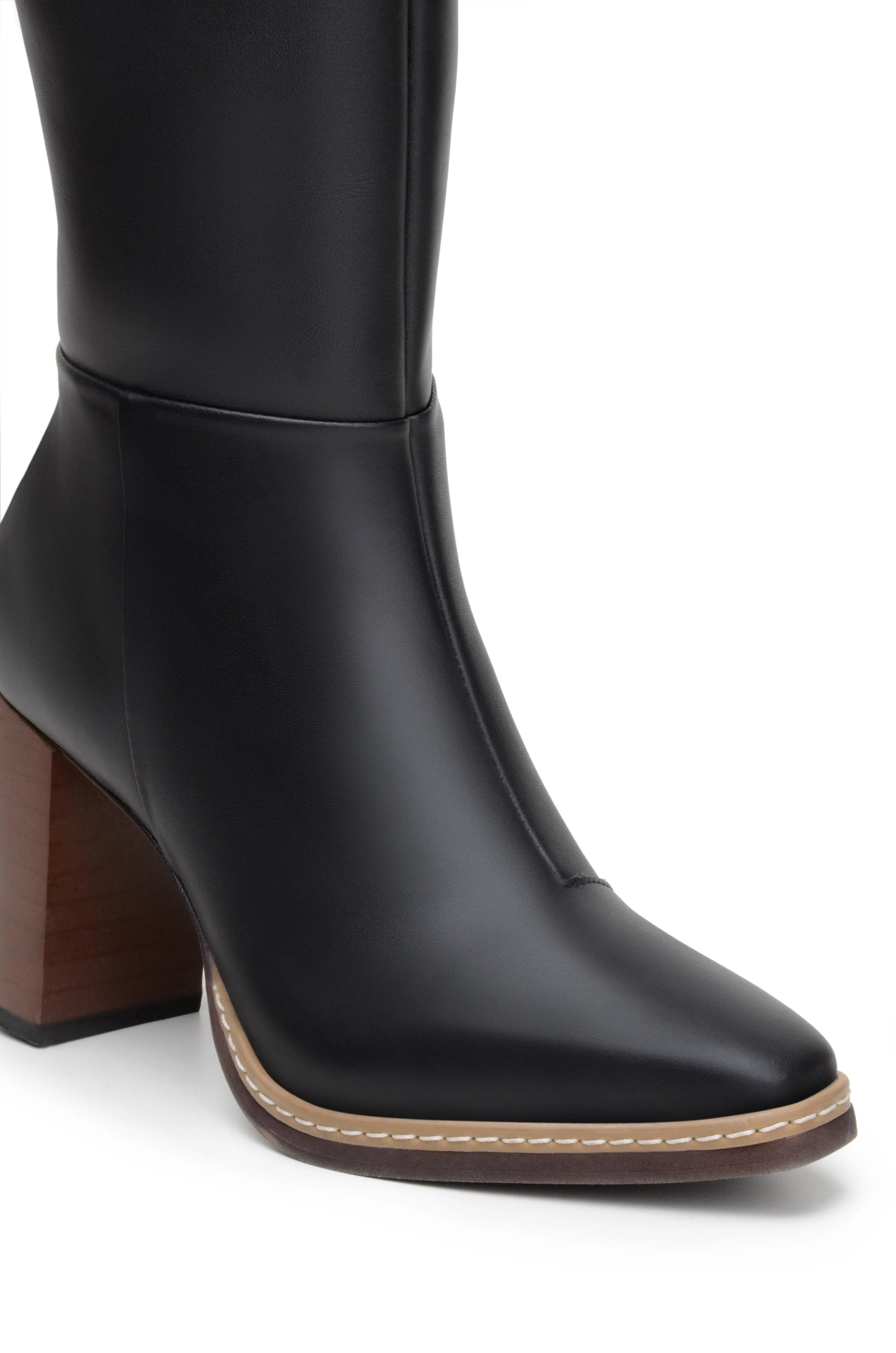 'Lucinda' vegan leather knee-high boot with high heel by Zette Shoes - black Slip Resistant Outsole Mud Resistant Daily Walks