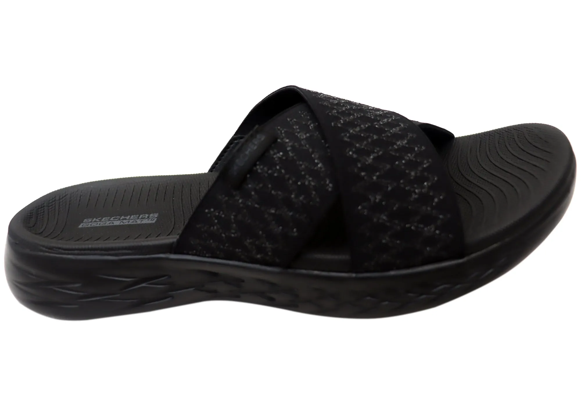 Ice Grip Slip Resistant Skechers Womens On The Go 600 Enchanted Black Slide Sandals
