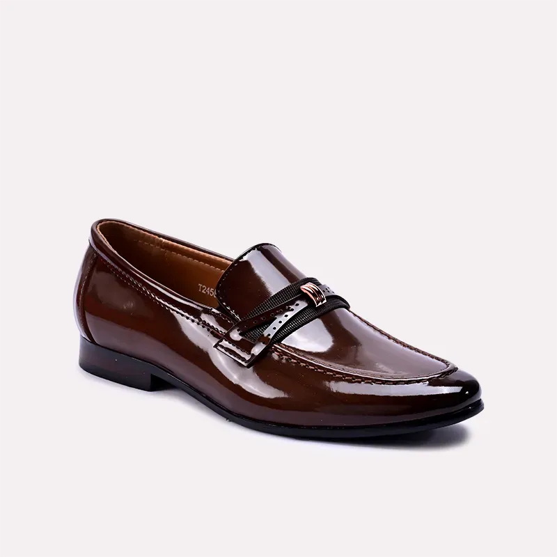 Emory Brown Glossy Slip On Dress Shoes 0111070 Sharp Detailing