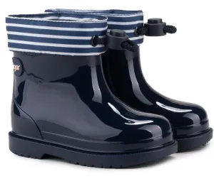 Leopard Tone Fur Trim Igor Boy's and Girl's Bimbi Navy Rain Boots, Navy Blue