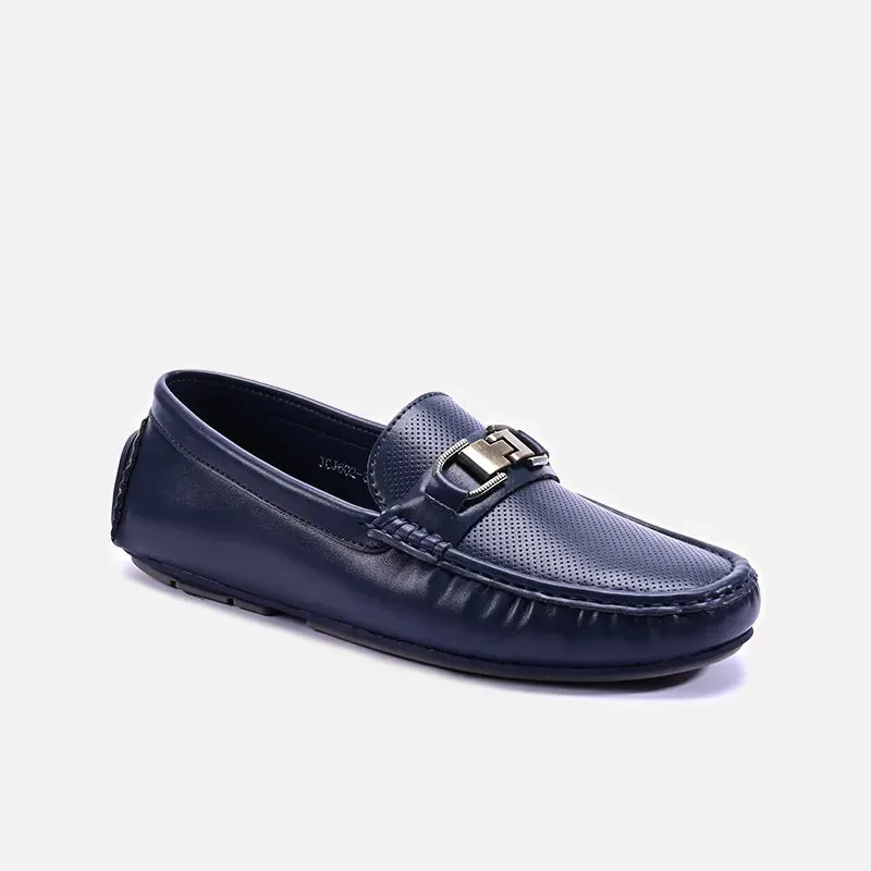 Blue Perforated Buckle Loafers 0130951 School Style Breathable Fit