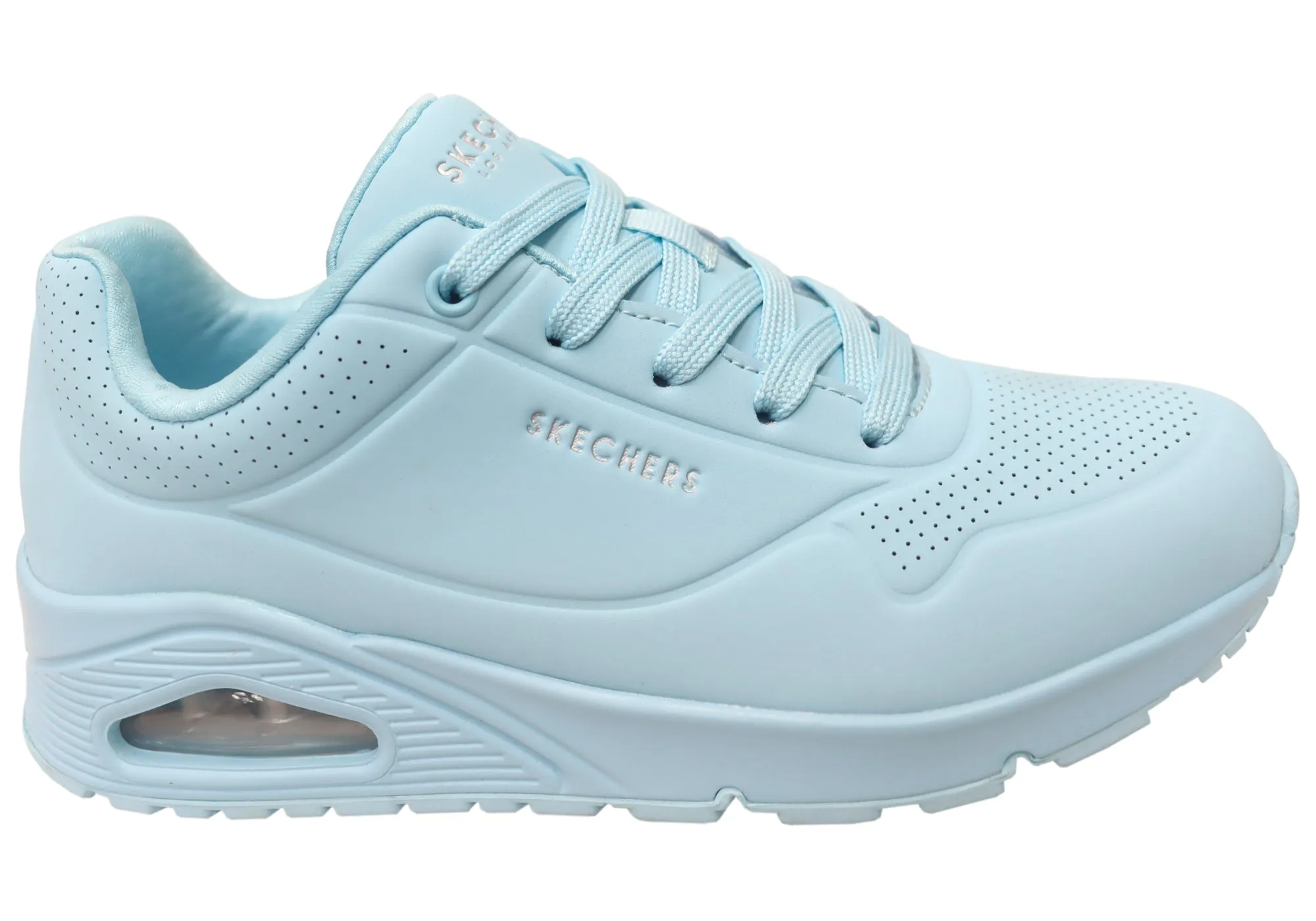 Rich Glow Comfort Enhancement Skechers Womens Uno Stand On Air Memory Foam Shoes Light Blue