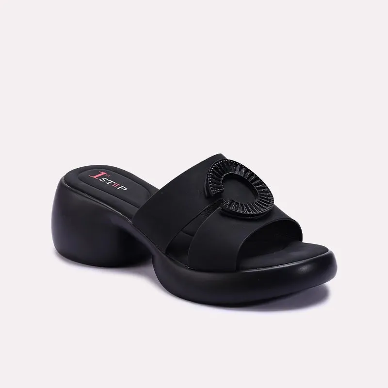 Multi sport Leather Material Black Chunky Heel Casual Slippers 0413242
