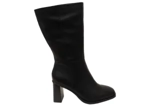 Strong Mood Hush Puppies Patron Womens Leather Heeled Mid Calf Black Boots