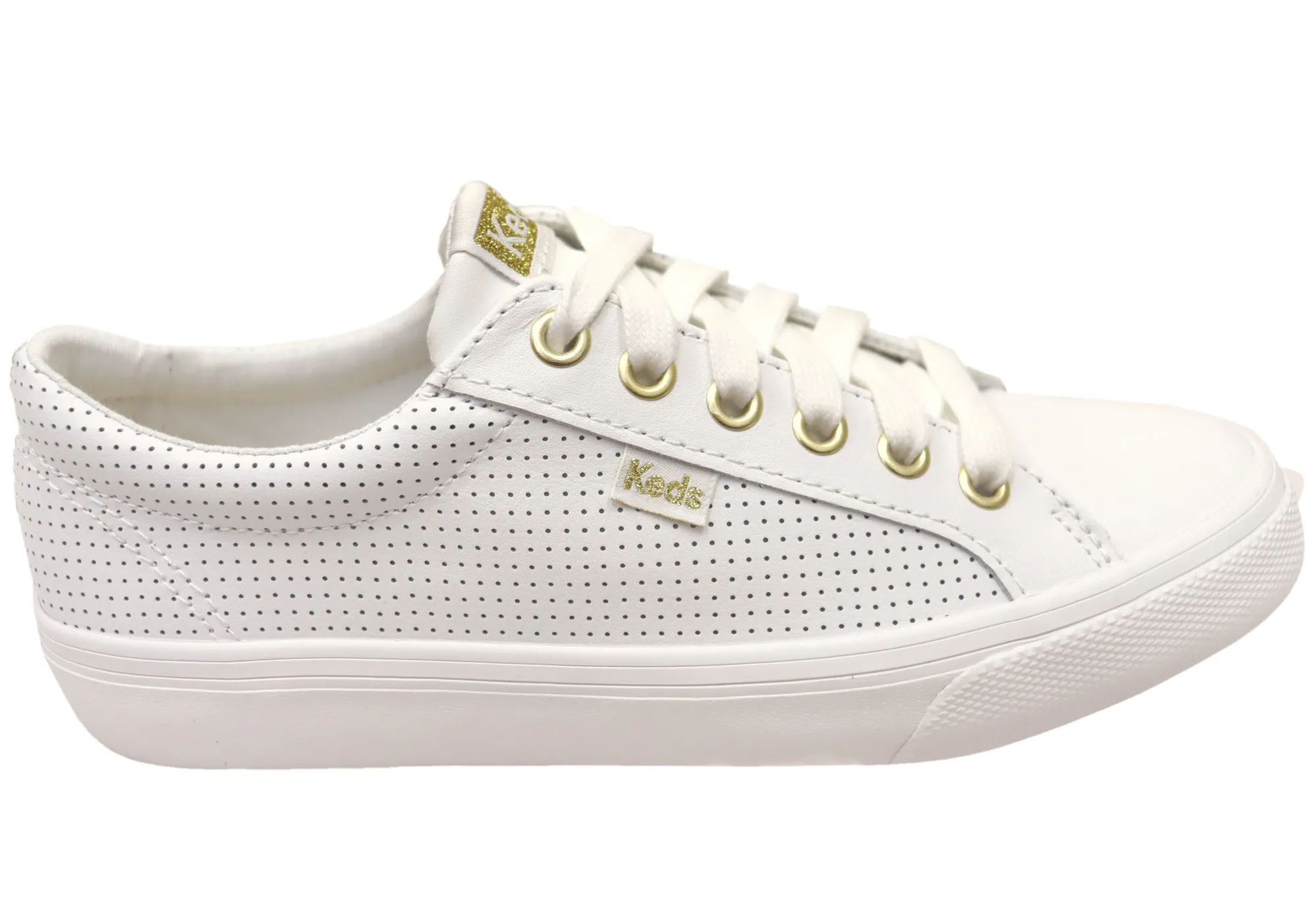 Keds Womens Jump Kick Perf Leather White Casual Comfortable Sneakers Flexible Design