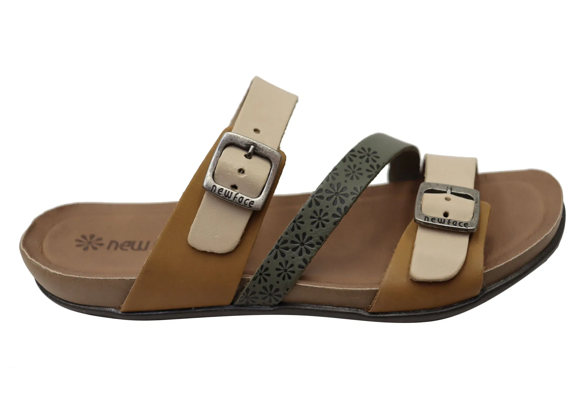 New Face Maxime Womens Comfort Leather Slides Sandals Made In Brazil Velcro straps