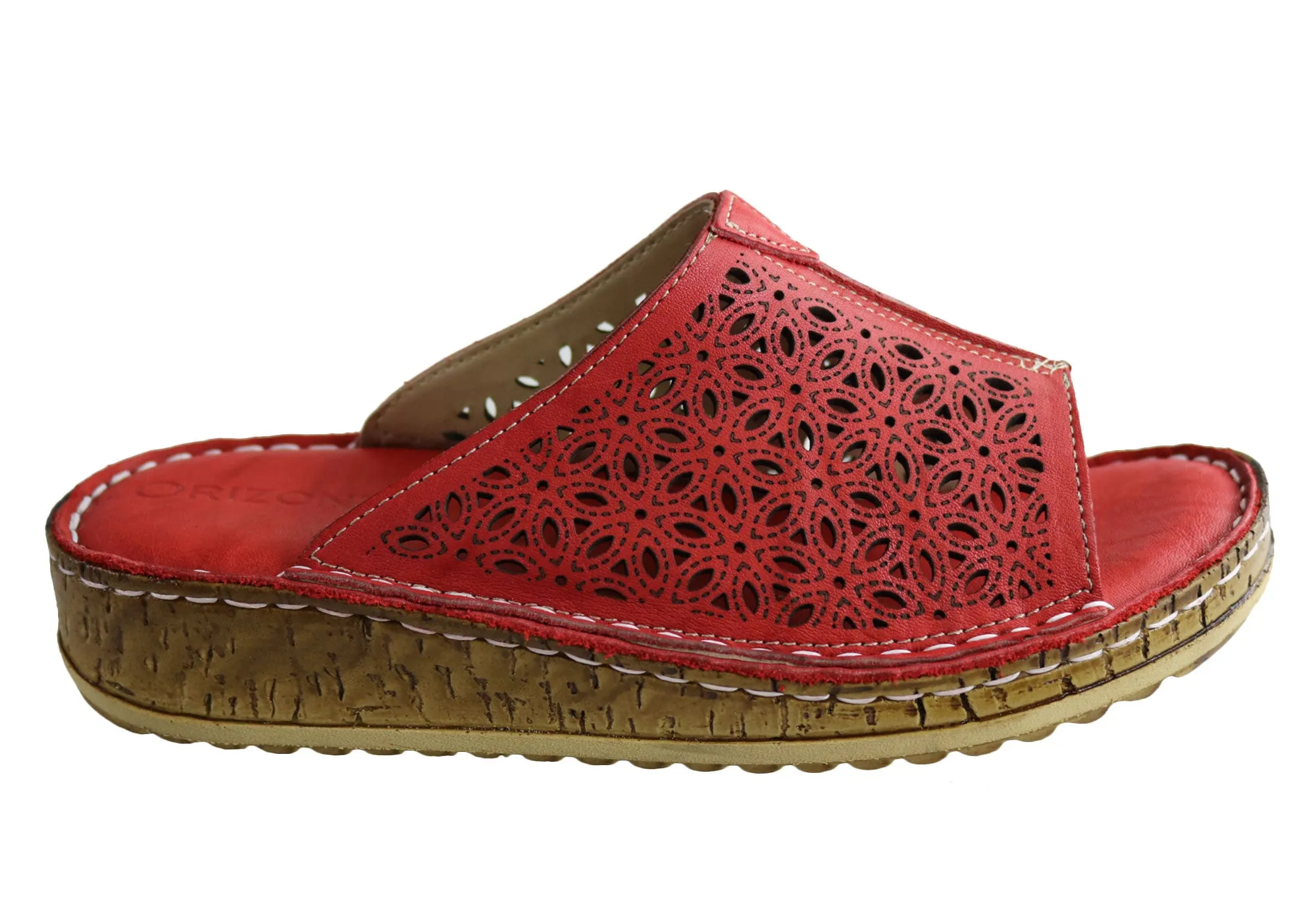 Orizonte Jingle Womens European Leather Comfortable Sandals Slides Open Finish Tropical Leaf