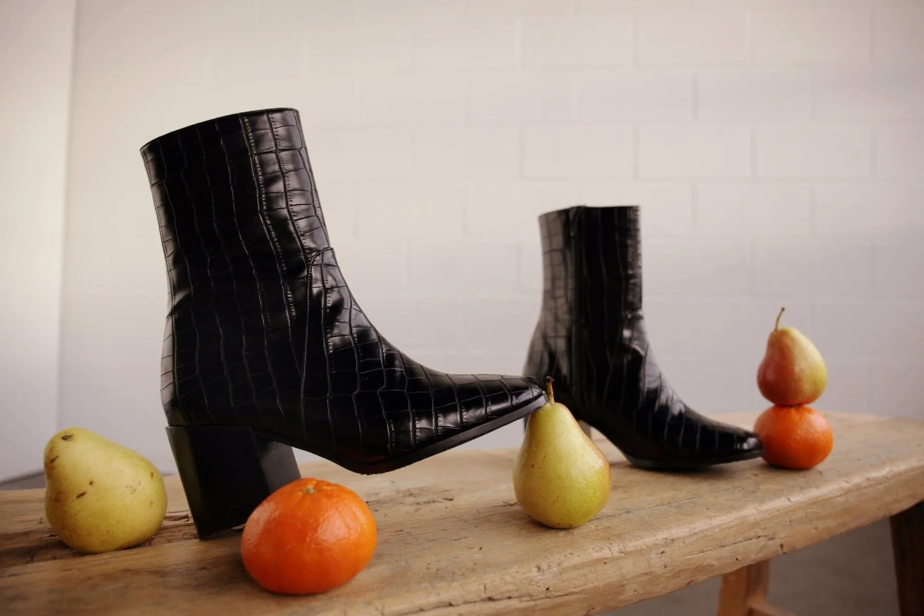 Winter Protection Lace-Up Design 'Menos' vegan mid-calf boot by Zette Shoes - black faux-croc